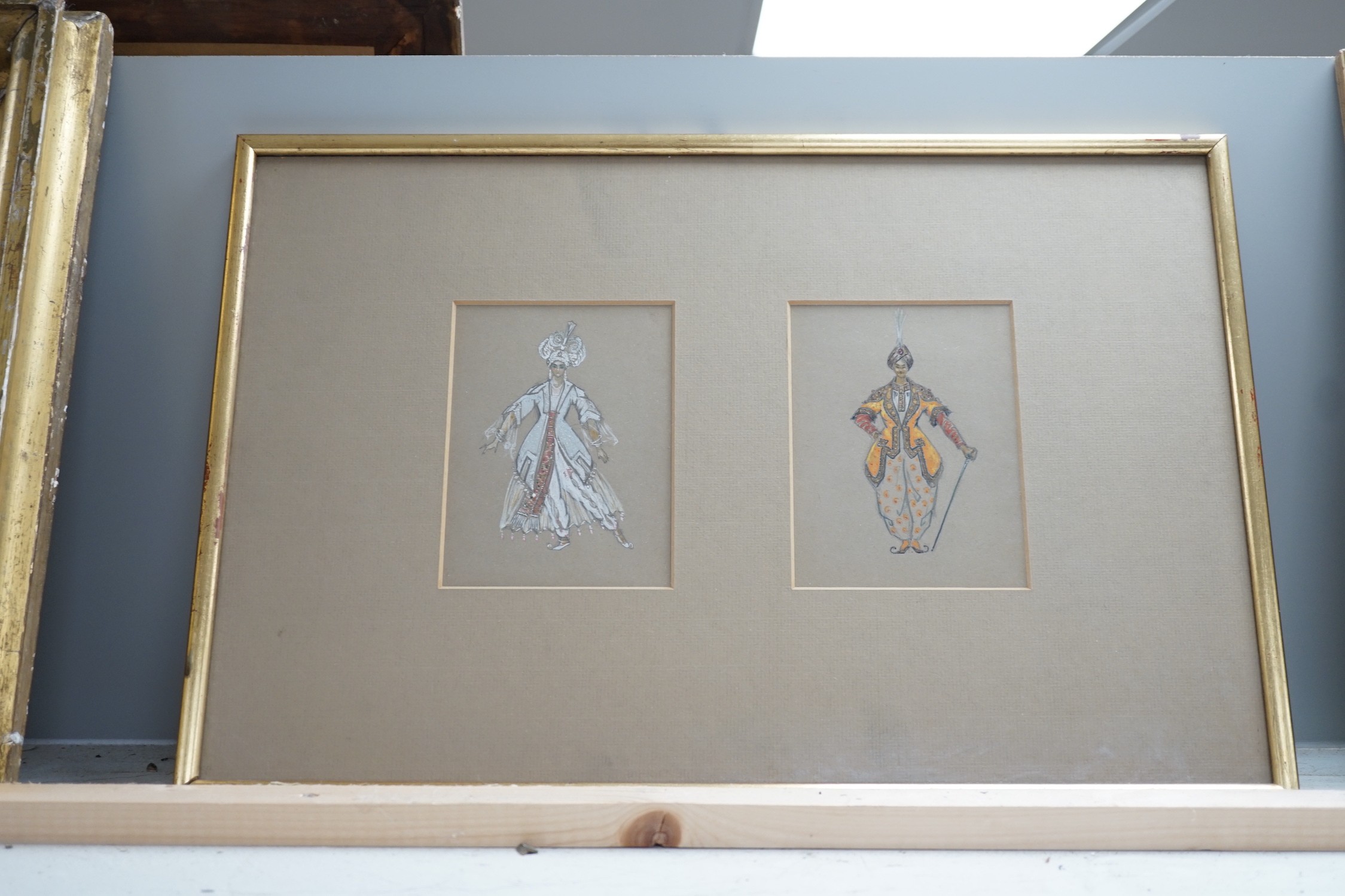 K. Korovin, two pencil and watercolour costume designs, 13 x 10cm, framed as one